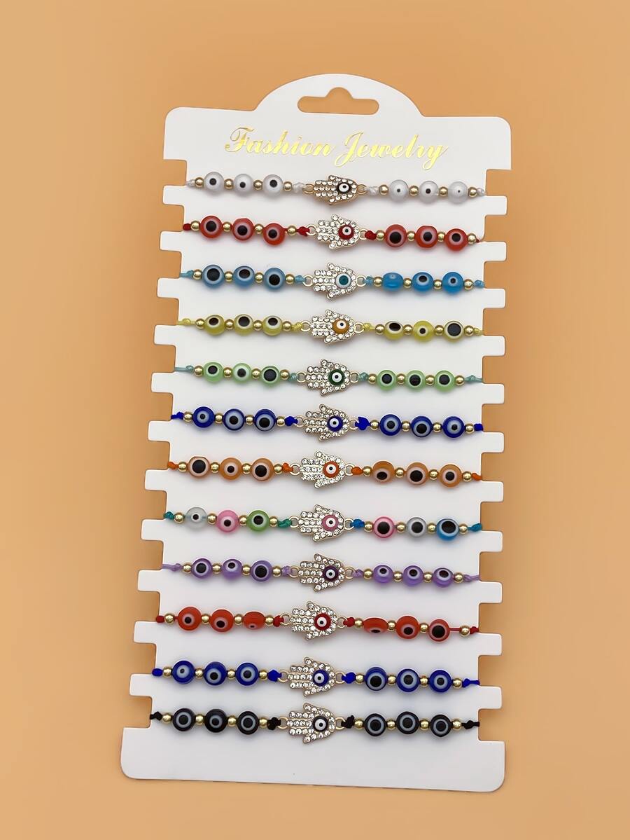 12 cái/bộ Chi tiết mắt Rhinestone Hamsa Hand Decor Vòng tay đính cườm - Nhiều màu - Xem 1