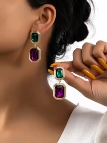 1雙彩色矩形耳環,時尚女士百搭首飾類,感恩節禮品,派對和蒐集耳環 - 彩色 - 查看 2