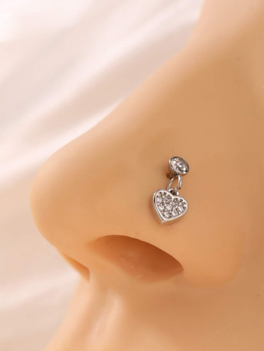Perno nariz con diamante de imitación con adorno de corazón - Plateado - Ver 1