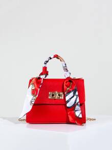 時尚素色帆布托特包，附絲巾裝飾 - 紅色 - 查看 1