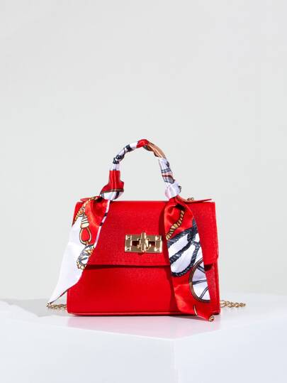 時尚素色帆布托特包，附絲巾裝飾