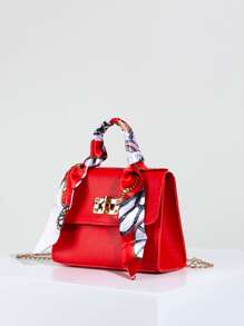 時尚素色帆布托特包，附絲巾裝飾 - 紅色 - 查看 2