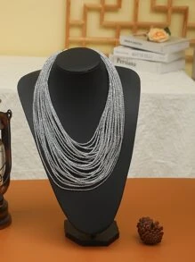 1pc Silver Multilayer Tiny Bead Necklace, Suitable For Daily Wear - Silver - View 4