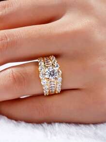 1入組奢華方晶鋯石戒指適合女士適合情人節禮品婚禮首飾類 - 金黃色 - 查看 2