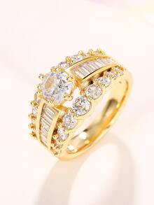 1入組奢華方晶鋯石戒指適合女士適合情人節禮品婚禮首飾類 - 金黃色 - 查看 6