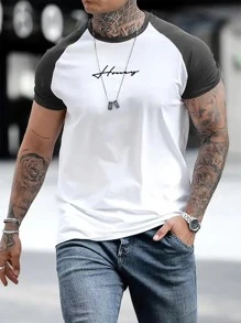 Manfinity Men Letter Graphic Contrast Raglan Sleeve Tee - White - View 1