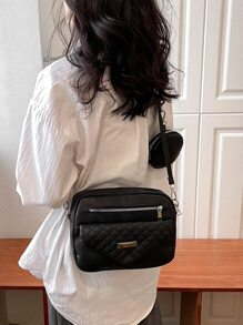 Mini Quilted Metal Decor Square Bag With Coin Purse - Black - View 1