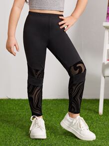 SHEIN Toddler Girls Contrast Mesh Insert Leggings - Black - View 1