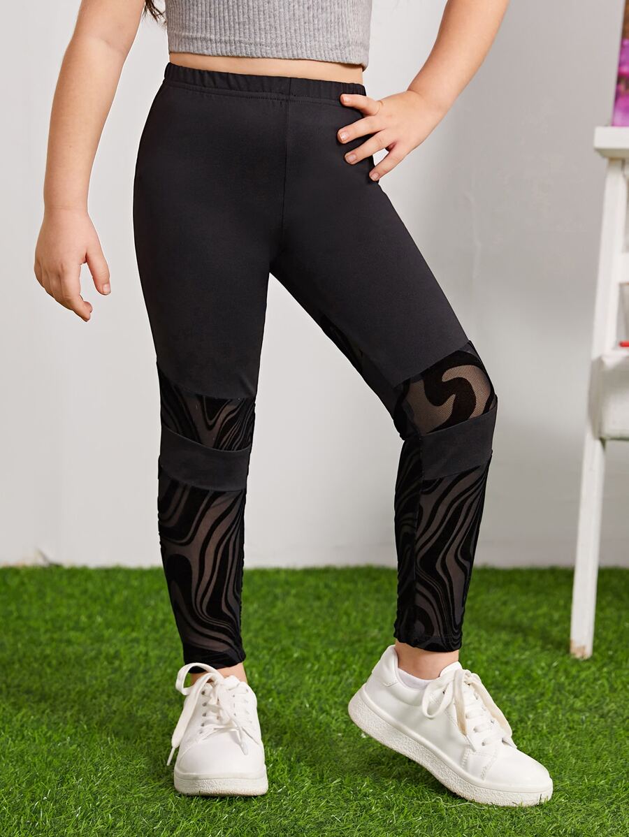 SHEIN Toddler Girls Contrast Mesh Insert Leggings - Black - View 1