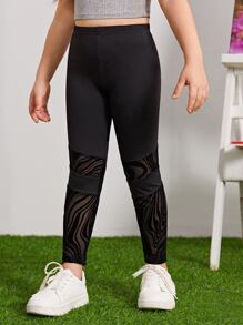 SHEIN Toddler Girls Contrast Mesh Insert Leggings - Black - View 3