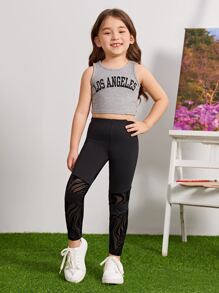 SHEIN Toddler Girls Contrast Mesh Insert Leggings - Black - View 4