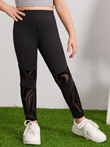 SHEIN Toddler Girls Contrast Mesh Insert Leggings - Black - View 6