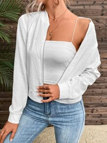 SHEIN Frenchy Cazadora tipo bomber jacquard con cremallera - Blanco - Ver 3