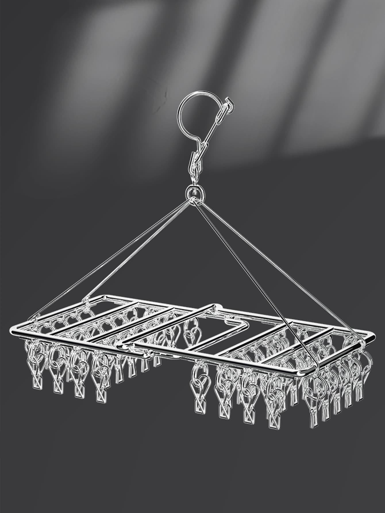 1pc Stainless Steel Hanging Drying Rack With Clothespin, Multifunctional Foldable Hanger For Home - Silver - View 1