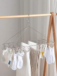 1pc Stainless Steel Hanging Drying Rack With Clothespin, Multifunctional Foldable Hanger For Home - Silver - View 2