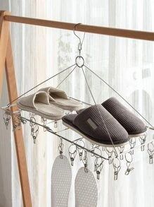 1pc Stainless Steel Hanging Drying Rack With Clothespin, Multifunctional Foldable Hanger For Home - Silver - View 9