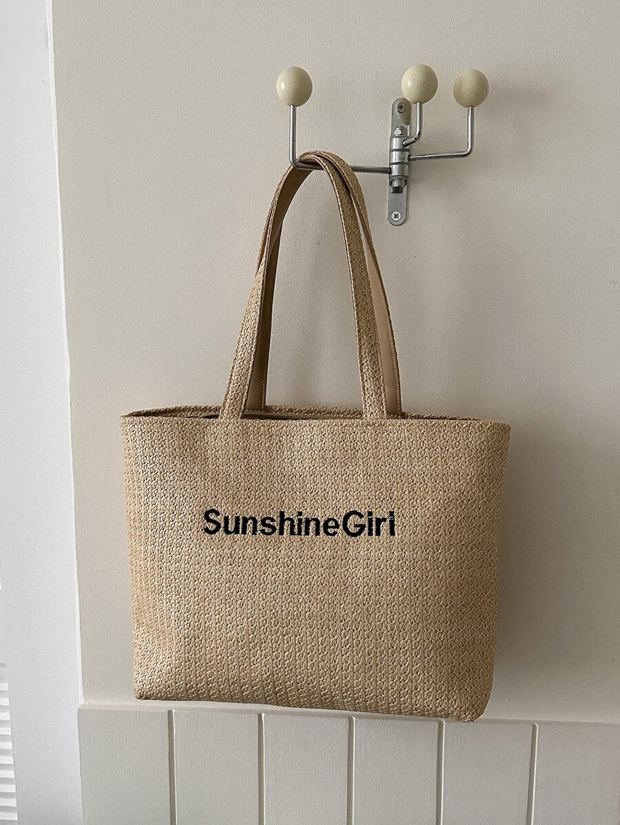 Bolsa de mimbre con bordado de letra - Caqui - Ver 1