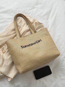 Bolsa de mimbre con bordado de letra - Caqui - Ver 5