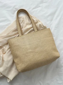 Bolsa de mimbre con bordado de letra - Caqui - Ver 6