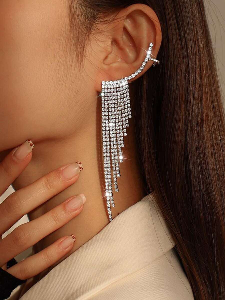 Rhinestone Tassel Drop Earrings - Silver - View 1