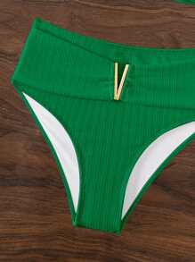 SHEIN Swim 純色單肩高腰夏季海灘比基尼套裝 - 綠色 - 查看 4