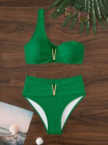 SHEIN Swim 純色單肩高腰夏季海灘比基尼套裝 - 綠色 - 查看 5