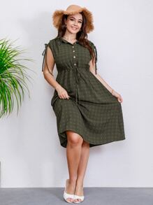 Mulvari Vestido camisero de hombro con cordón con botón delantero - Verde militar - Ver 1
