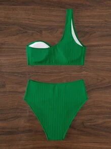 SHEIN Swim 純色單肩高腰夏季海灘比基尼套裝 - 綠色 - 查看 7