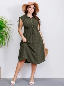 Mulvari Vestido camisero de hombro con cordón con botón delantero - Verde militar - Ver 4