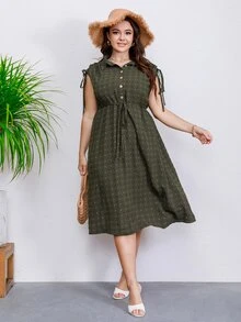 Mulvari Vestido camisero de hombro con cordón con botón delantero - Verde militar - Ver 5