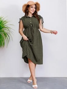 Mulvari Vestido camisero de hombro con cordón con botón delantero - Verde militar - Ver 6