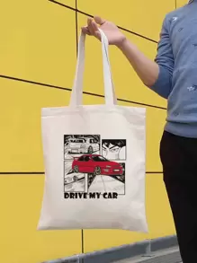 Men Car & Letter Graphic Shopper Bag Beach Bag Shopping Bag Reusable Bag Duffle Bag for Travel and Work - Beige - View 1