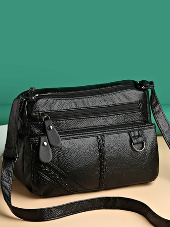 女士手提包。新款女士手提包,雙層多袋口大容量肩袋,時尚復古的鈕扣萬用手提包,斜向小袋pu皮手提包