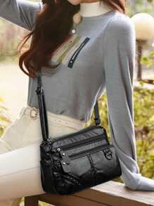 Borsa da donna, nuova borsa a spalla multitasche a doppio strato con grande capacità, stile retrò, decorazione con bottoni, borsa a tracolla versatile e alla moda per signore, in pelle PU - nero - Visualizzare 2