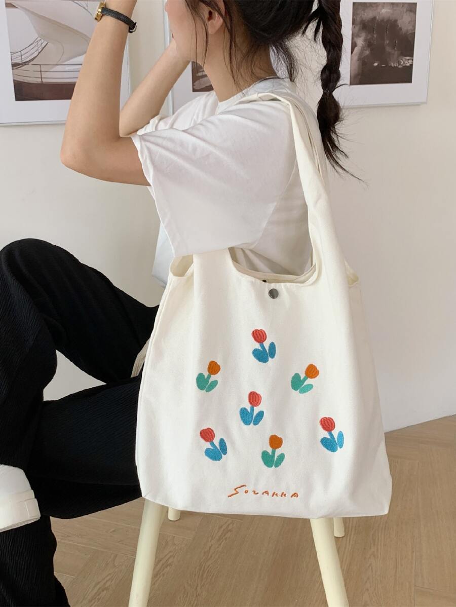 花卉和字母圖案購物袋,大容量托特包辦公和旅行 - 米色 - 查看 1