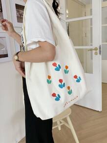 花卉和字母圖案購物袋,大容量托特包辦公和旅行 - 米色 - 查看 3