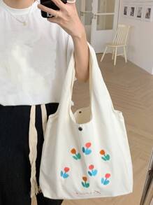 花卉和字母圖案購物袋,大容量托特包辦公和旅行 - 米色 - 查看 4