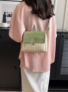 Metal Lock Flap Straw Bag - Green - View 6