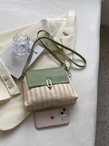 Metal Lock Flap Straw Bag - Green - View 7