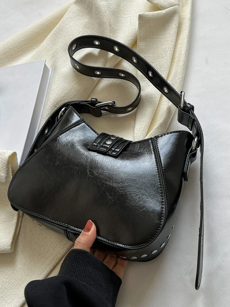 Fashionable And Versatile Shoulder Bag, Unique Design With Solid Color Rivet Decoration, Adjustable Shoulder Strap, Elegant And Stylish Crossbody Bag, Suitable For Street Photography, Parties, Commuting, Outings, Dates And Shopping.