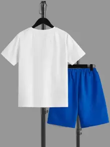 SHEIN 2pcs Tween Boy Casual Letter Print Short Sleeve T-Shirt And Shorts Set, Summer - Blue and White - View 2
