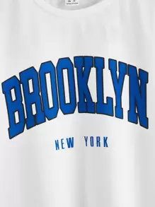 SHEIN 2pcs Tween Boy Casual Letter Print Short Sleeve T-Shirt And Shorts Set, Summer - Blue and White - View 3