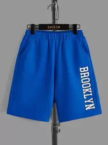 SHEIN 2pcs Tween Boy Casual Letter Print Short Sleeve T-Shirt And Shorts Set, Summer - Blue and White - View 5