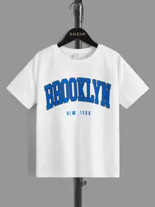 SHEIN 2pcs Tween Boy Casual Letter Print Short Sleeve T-Shirt And Shorts Set, Summer - Blue and White - View 8