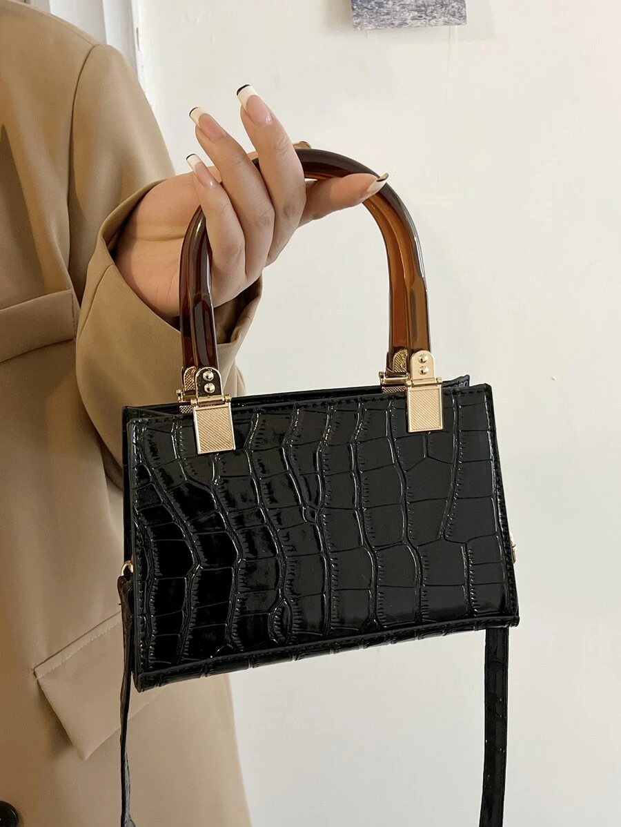 迷你鱷魚壓紋方包 - 黑色 - 查看 1