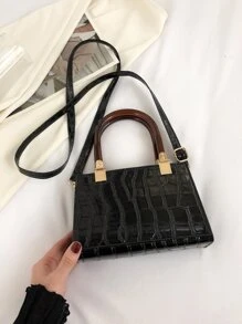 迷你鱷魚壓紋方包 - 黑色 - 查看 2