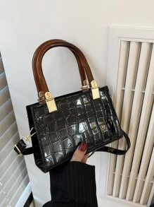 迷你鱷魚壓紋方包 - 黑色 - 查看 6