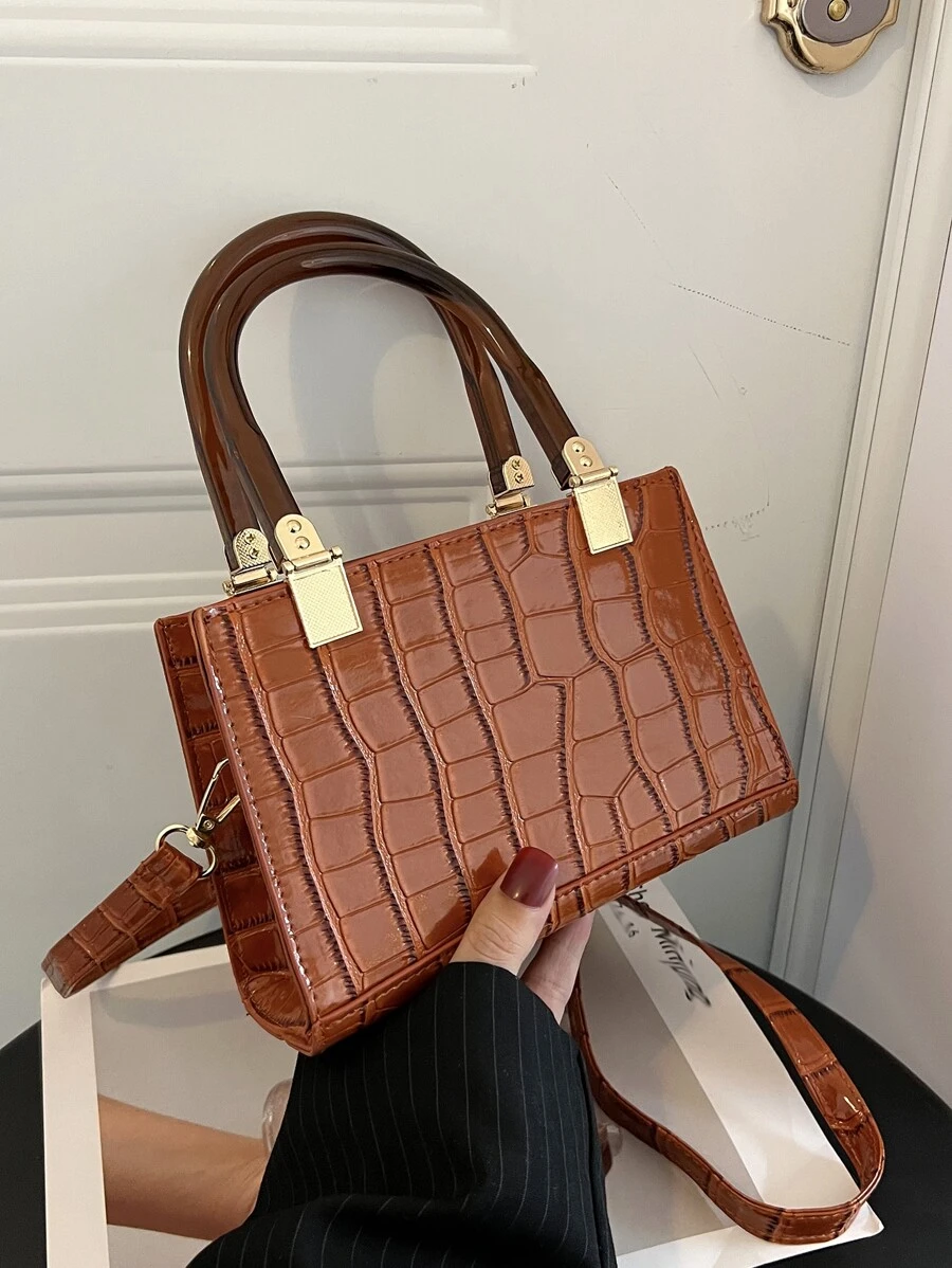 Mini Crocodile Embossed Square Bag - Brown - View 1
