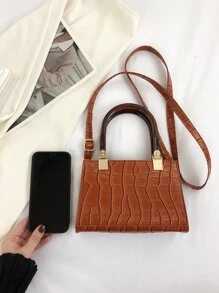 Mini Crocodile Embossed Square Bag - Brown - View 4