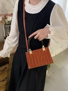 Mini Crocodile Embossed Square Bag - Brown - View 5